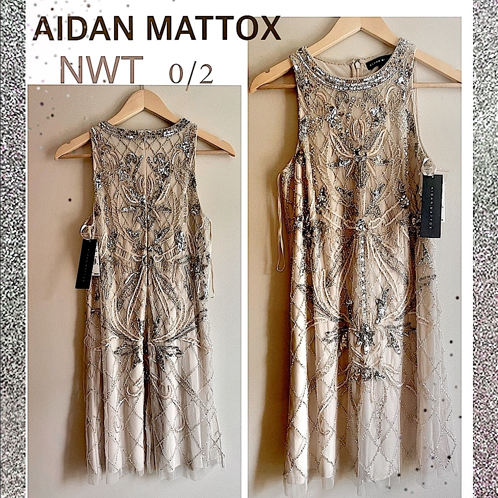 NWT (0-2) AIDAN MATTOX champagne silver shift prom party ballroom knee dress